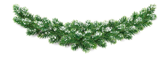 Horizontal Christmas garland. Snowy fir branches. Frosty festive design for winter celebration banners, greeting cards, invitations, and seasonal posters. Transparent background in vector file. © Olga Prozorova