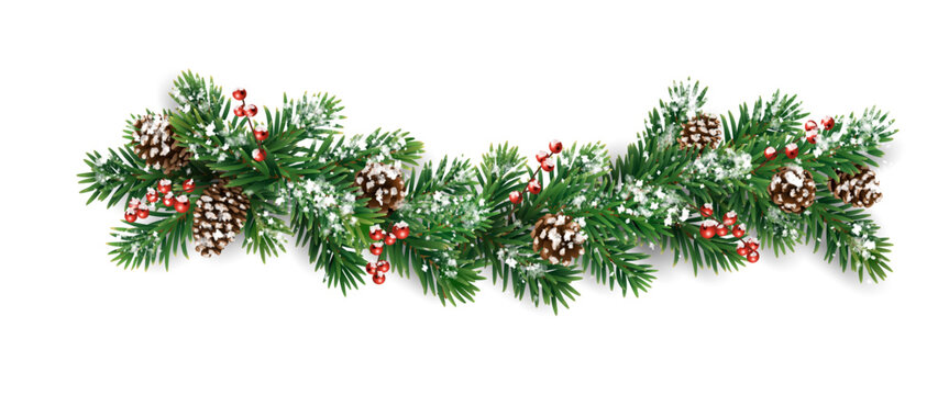 Horizontal Christmas garland with snowy fir branches, pine cones, and holly berries. Festive design for winter banners, cards, invitations, and seasonal posters. Transparent background in vector file.