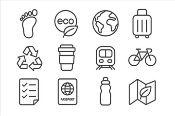 Eco Travel Icons. Outline icon set of responsible travel: footprint, eco badge, globe, luggage, recycling