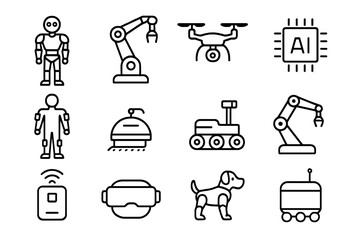 Innovative Robotics Icons. Outline icon set of innovative robotics: humanoid robot, robotic arm, drone, AI
