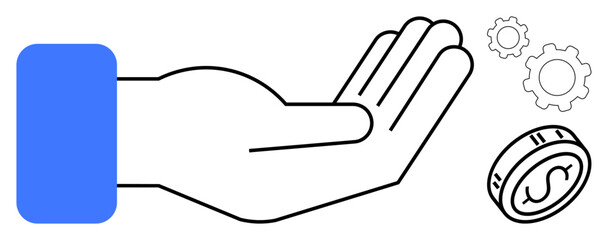 Open palm extended outward, coin with a dollar sign nearby, and gears in motion. Ideal for finance, innovation, teamwork, support, strategy, collaboration technology simple landing page