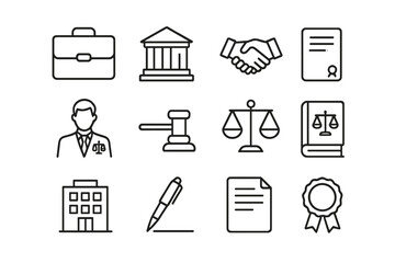 Corporate Law Icons. Outline icon set of corporate law: briefcase, courthouse, handshake, contract, lawyer,