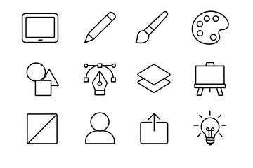 Fototapeta premium Digital Illustration Icons. Outline icon set of digital illustration: tablet, pencil, brush, color palette,