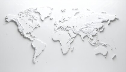 A three-dimensional, white world map, relief-style, on a plain white background.  It's clean and minimalist
