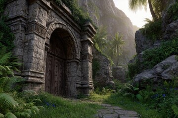 Sunlit Stone Entrance in Tropical Overgrowth archway