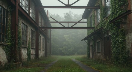 Abandoned Industrial Complex Surrounded by Lush Greenery and Mysterious Foggy Atmosphere