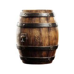Fototapeta premium Close up of a rustic wooden barrel with metal bands and a spigot on a black background