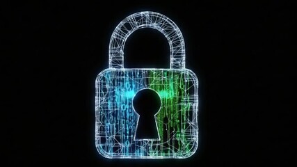 Digital padlock illustration with binary code and neon glow effect, representing cybersecurity, data protection, and secure access for use in security awareness campaigns