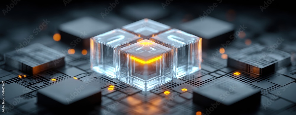 Poster intriguing view of a futuristic circuit board with glowing translucent cubes, symbolizing technology