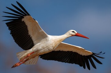 Obraz premium White stork in flight against blue sky