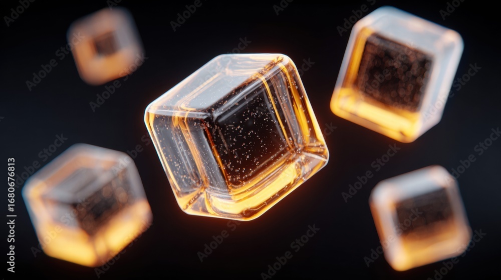 Poster glowing translucent cubes float in a dark, abstract artistic composition with beautiful lighting.