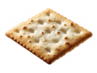 Close up of a single square baked cracker with a golden brown crispy texture isolated on black