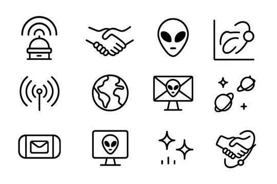 Alien Contact Icons. Outline icon set of future alien contact: glowing beacon, peace handshake, alien symbol,