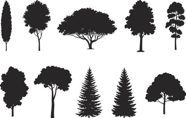 Variety of tree silhouettes vector set, black nature icons of different tree species for landscaping, gardening, and design projects.