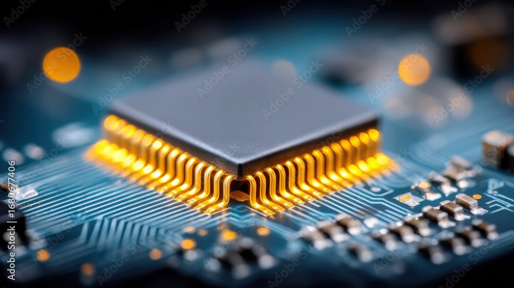 Poster intricate microchip close up, highlighting the complexity of modern technology.