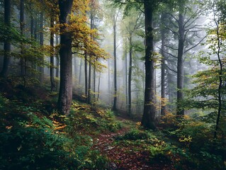 Obraz premium Misty autumn forest with tall trees and soft fog, mysterious woodland landscape perfect for nature backgrounds and atmospheric design