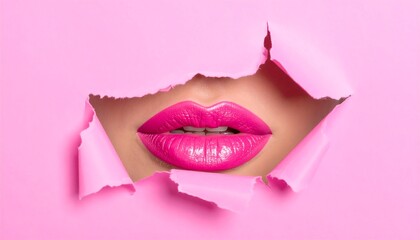 Close-up view of glamorous, pink lips peeking through a ripped paper background, evoking a playful and captivating aesthetic.