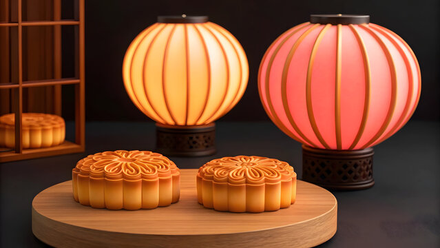 Beautifully crafted mooncakes and lanterns displayed for a festive celebration