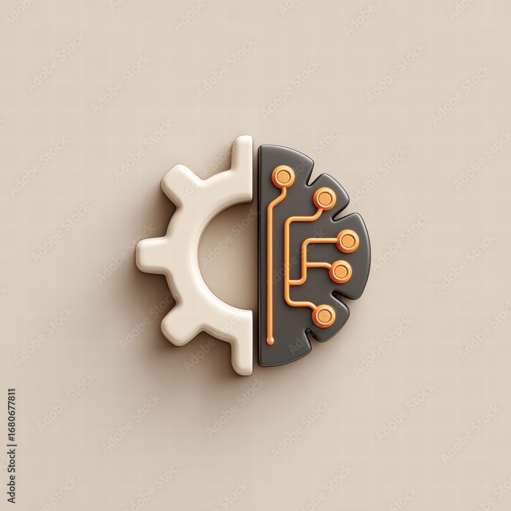 Poster an artistic representation merging a gear and a brain to symbolize technological innovation and arti