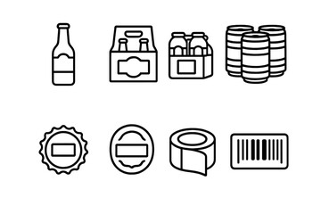 Beer Packaging Icons. Outline icon set of beer packaging: labeled bottle, cardboard box, can holder, keg crate