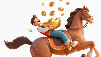 A 3D cartoon of a happy boy galloping on horseback with a golden ingot in his arms