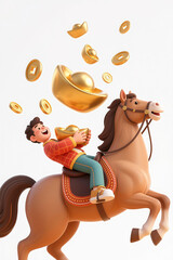 A 3D cartoon of a happy boy galloping on horseback with a golden ingot in his arms