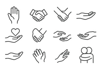 Fototapeta premium Helping Hand Icons. Outline icon set of helping hand: open palm, handshake, supportive arm, lifting gesture,
