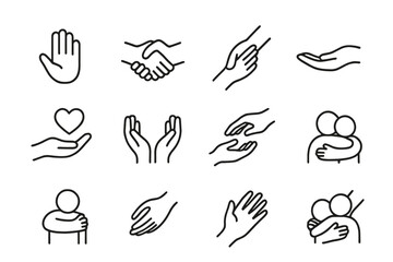 Helping Hand Icons. Outline icon set of helping hand: open palm, handshake, supportive arm, lifting gesture,