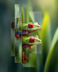 Two red-eyed tree frogs perched on a vibrant green leaf.