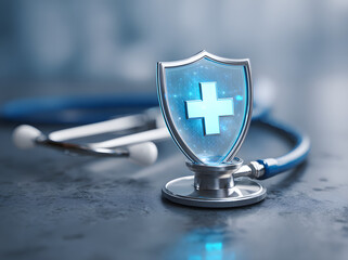 A digital shield with a medical cross symbol sits ona stethoscope, representin the importance of protectng patient data and ensurig secure healthcare practies. new image