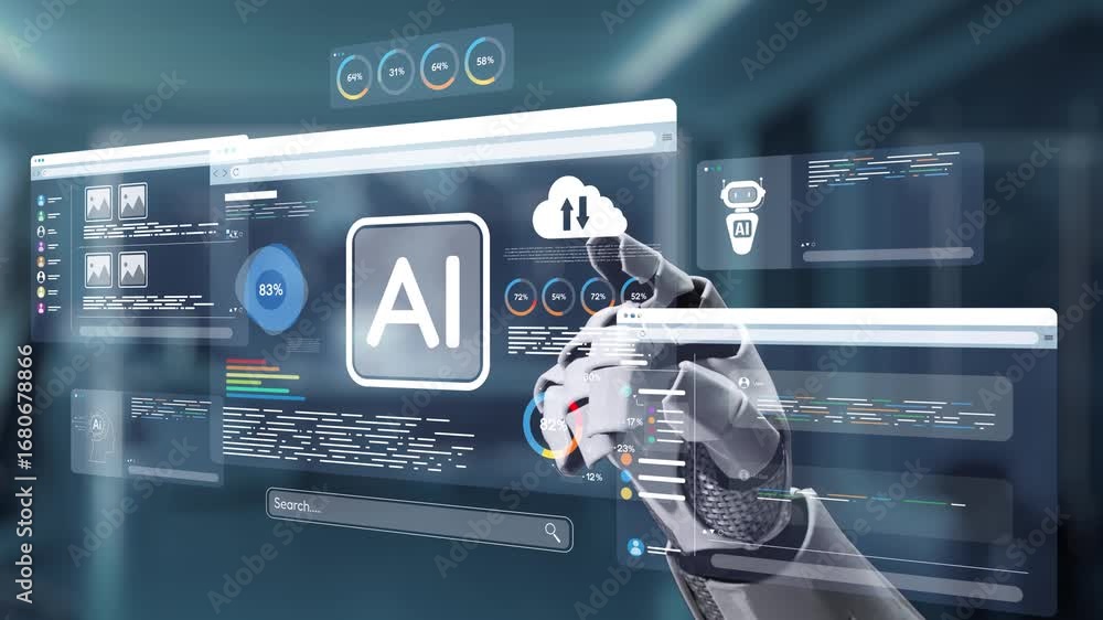 Aufkleber a robotic hand interacts with a holographic interface displaying ai technology and data analytics in