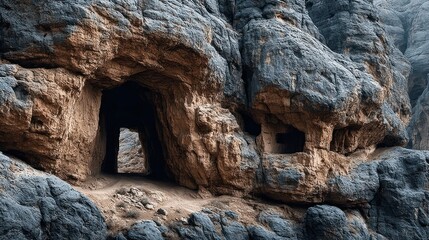 A cave entrance visible along a rocky cliff