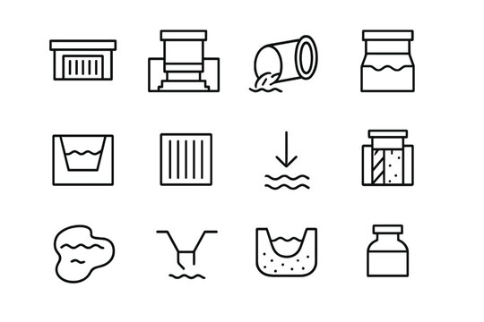 Stormwater Infrastructure Icons. Outline icon set of stormwater drainage infrastructure: storm drain, catch