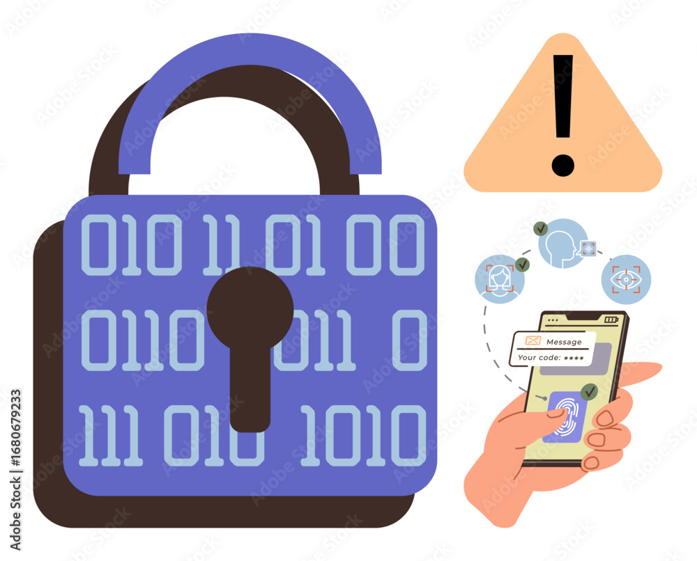 Poster binary-coded padlock, alert triangle, smartphone showing two-factor authentication message, and conn