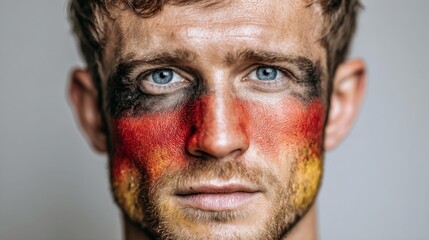 Fototapeta premium Patriotic Portrait: A close-up shot showcases a man with the flag boldly painted on his face, embodying the spirit of national pride, captured in high detail and emotive expression.