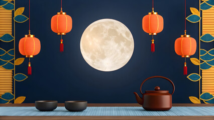 Moonlit tea ceremony with lanterns and traditional decor in a serene setting