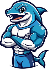 Naklejka premium Muscular Blue Shark Character With Arms Crossed Ready For Action