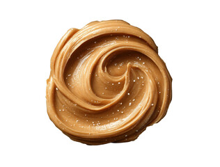 Close up of creamy peanut butter swirl with salt flakes isolated on black background