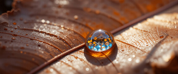 Closeup Dew Drop on Dried Copper Leaf &ndash; Nature Macro Photography