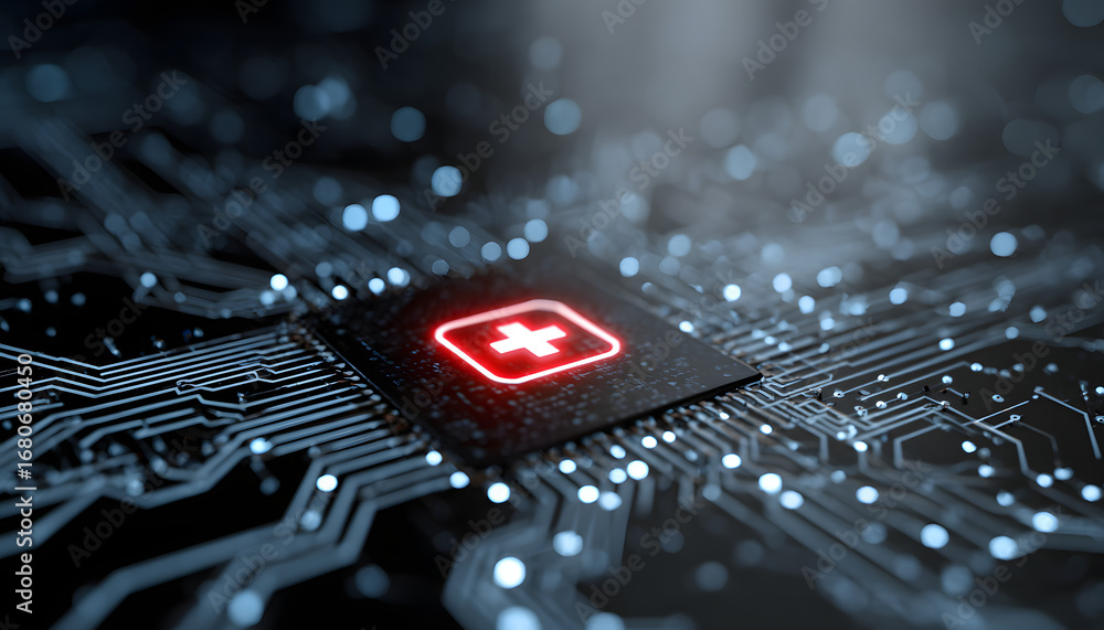 Poster secure tech system safeguards data. futuristic circut board graphic shows secue system. ai protects 