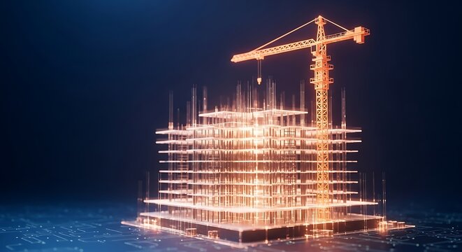 Futuristic digital construction a glowing wireframe skyscraper emerges from a digital landscape illuminated by a towering construction crane in a vibrant orange hue