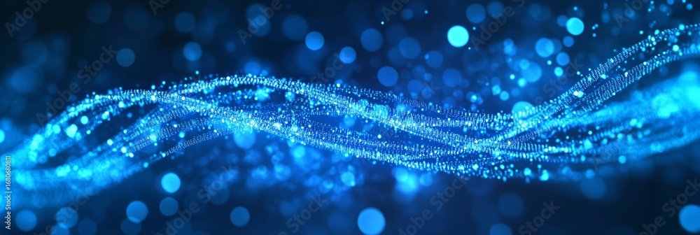 Fototapete dynamic wave pattern of glowing particles on dark gradient background in abstract digital artwork