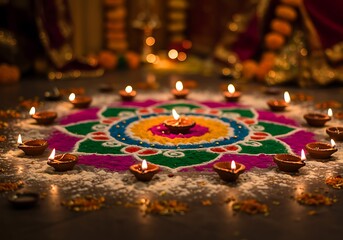 Colorful rangoli with diyas