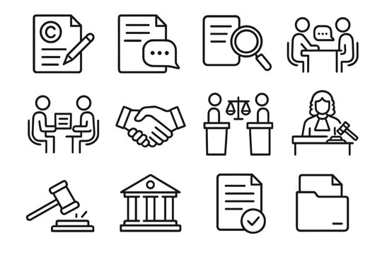 IP Dispute Icon Set. Outline icon set of IP dispute resolution steps: complaint filing, answer submission,
