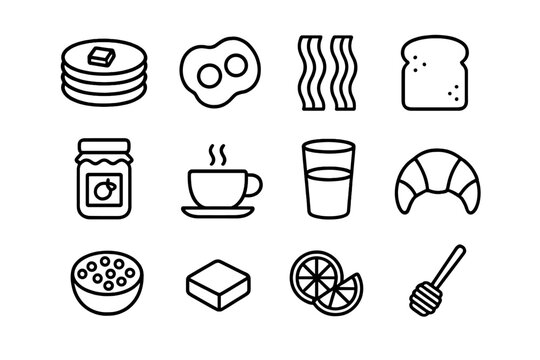 Breakfast Icon Set. Outline icon set of breakfast food styling: pancakes, fried eggs, bacon strips, toast, jam