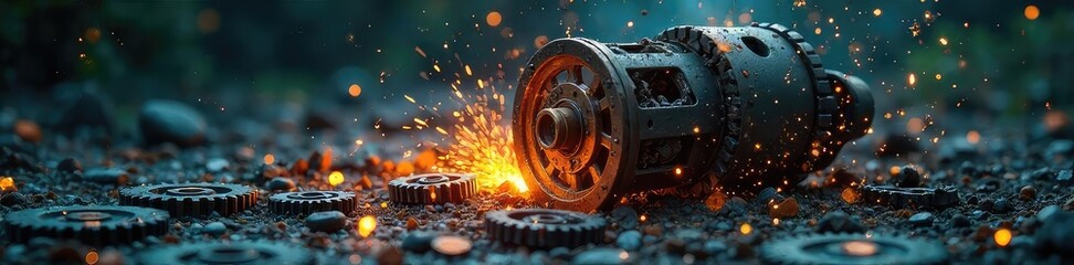 Fototapeta premium A broken down machine, gears scattered, sparking wires, symbolizing the raw power found even in failure, the potential for rebuilding and innovation , force, power, electricity