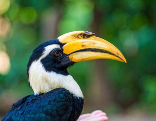 Close-up profile of a hornbill, vibrant plumage, large yellow beak against blurred green background