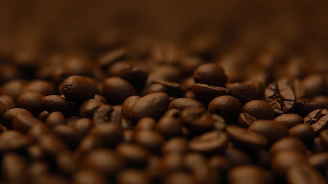 Rotating shot of delicious roasted coffee beans. Texture of coffee beans. Macro, vertical footage