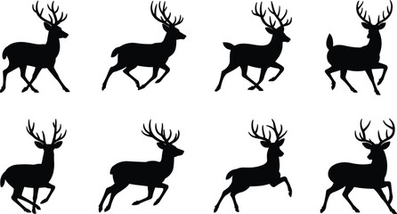 Deer silhouette collection, jumping deer poses, black wild animal clipart, hunting design element, antler stag illustration, wildlife vector art