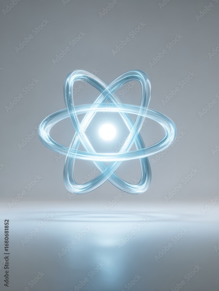 Poster representation of an atomic structure illuminated with blue glow on a gray background